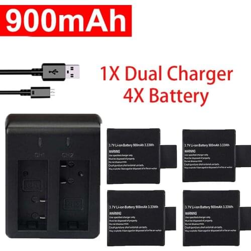 4Pcs 900mAh Battery +Dual USB Charger for SJCAM sj4000 sj5000 sj6000 WiFi sj7000 SJ8000 SJ9000 M10 SJ5000x Action Camera Battery