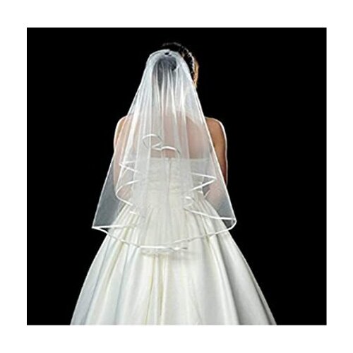 White Double Ribbon Edge Center Cascade Bridal Wedding Veil with Comb