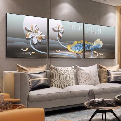Decoration Painting Modern Minimalist Sofa Background Wall Painting Porch Hanging Painting Bedroom Lotus Relief Mural
