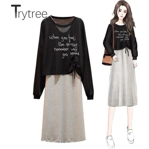 Trytree 2021 Spring Summer Two piece set Casual Letters Thin Elastic Tops + Mid-Calf Sling Dress Streetwear Suit 2 Piece Set