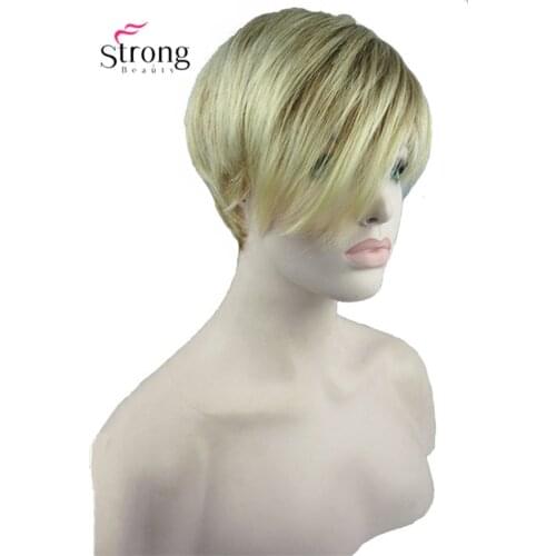 Short Straight Blonde Highlighted Side Swept Bangs Synthetic Wig