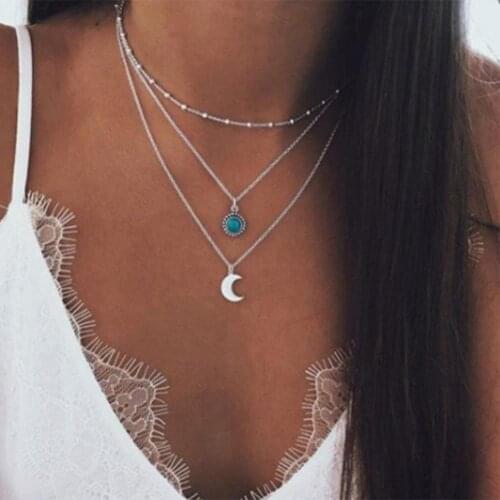Fashion Women Necklace Multilayer Crescent Moon Faux Turquoise Chain Pendant Necklace Jewelry Comfortable Wearing for Shopping