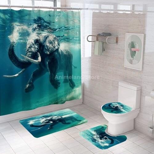 Fashion Elephant Shower Curtains Water Bathroom Curtain Bath Set Toilet Cover Mat Non-Slip Washroom Rug Set Modern 180x180cm