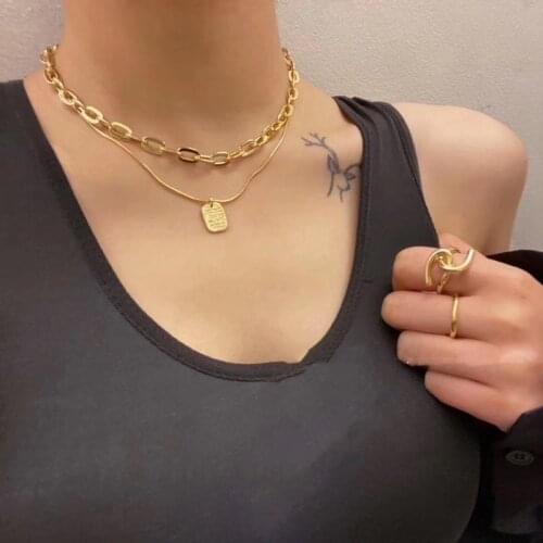 Orgin Summer Korean Fashion Double Layer Square Geometrical Pendant Necklace for Women Vintage Chunky Chain Necklace Jewelry