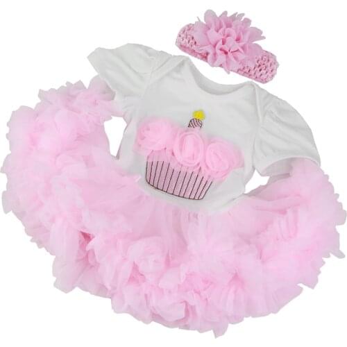 Lovely Cake Printed Rompers Dress Tiered Skirt Headband Suit for 22-23inch Reborn Baby Newborn Girl Dolls Clothes Pink