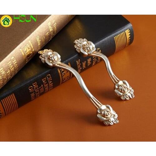 Shabby Chic Rose Flower Dresser Pulls Handle Antique Silver Cabinet Knobs Drawer Handle Countryside Cupboard Knob Hardware