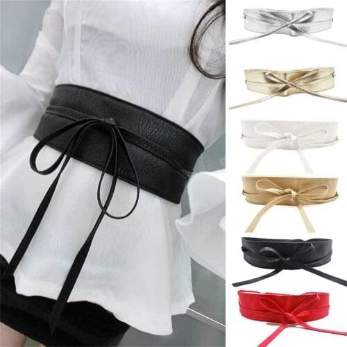 Lace Up PU Leather Belt Wide Corset Cummerbunds Strap Belts For Women Girls High Waist Slimming Girdle Belt Ties Bow Waistband