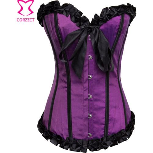 S-XXL) 2699 Satin Overbust Corset Bustier Top W/ G-string Women Gothic Corsets Bow Deco Sexy Corselet Korsett Gothique Corsetti