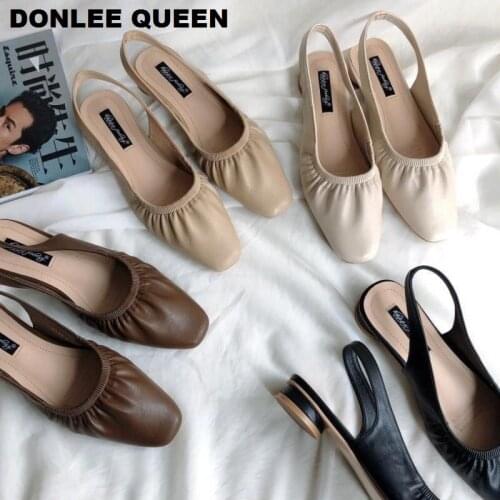 2020 Slingback Sandals Women Slip On Mule Shoes Women Round Toe Low Heel Shoes Brand Shallow Pleated Sandal Elegant Mules Slides
