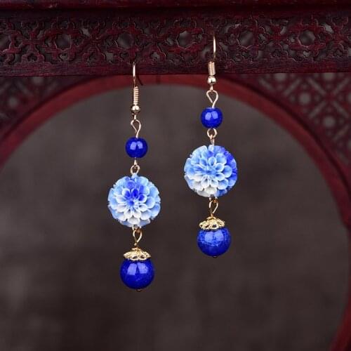 Fashion Simple Blue And White Ceramics Synthetic Flower Eardrop Classical Temperamental The Tang Dynasty Girlish Earrings