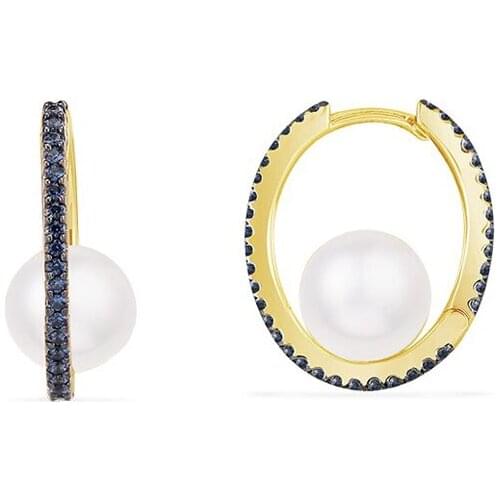 SOELLE High Quality Fashion Real 925 Sterling Silver Navy Blue Zirconia Natural Pearl Hoop Earrings Women Luxury Brand Jewelry