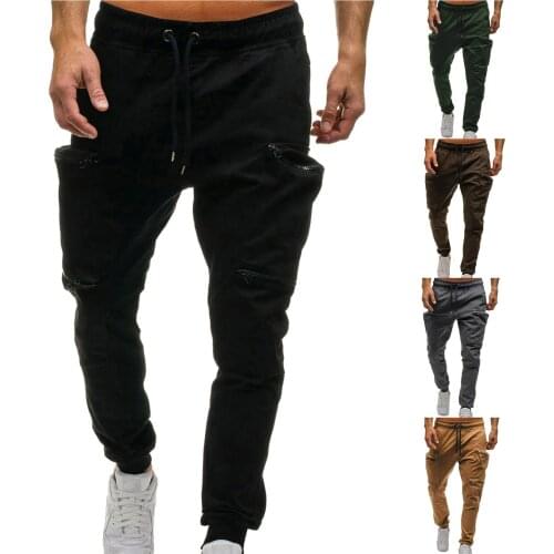 Sport Casual Cargo Pants Mens Jogger Mid-waist Lace-up Zipper Pocket Fashion Casual Sports Jogging Pants Sweatpants Trousers