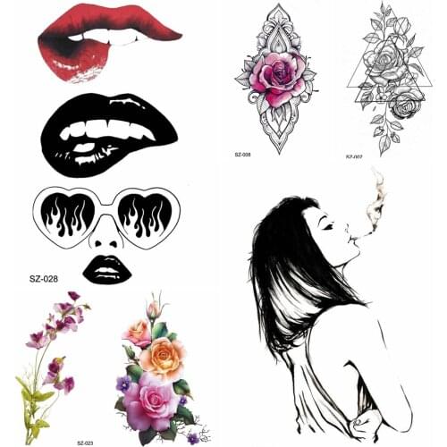 YURAN Flash Lips Tattoo Stickers Women Body Art Drawing Temoporary Tattoo Girls Smoking Waterproof Tatoos Chains Hand Reed Decal
