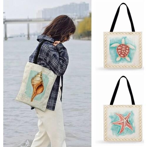 Conch Starfish Painting Print Tote Bag For Women Casual Tote Outdoor Beach Tote Bags Ladies Shoulder Bag Foldable Shopping Bag