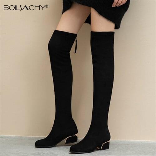 High quality Over Knee Thigh High Boots Women Autumn Sexy Platform Ladies Shoes Stretch Fabric Flock Square Heel Long Boots