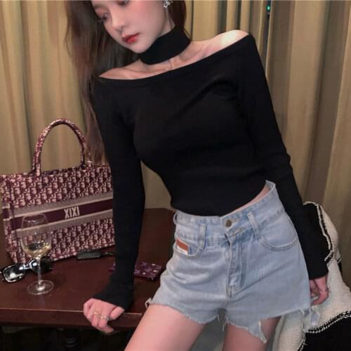 Woman TShirts Womens Sexy off-Neck Tight T-shirt Spring and Autumn Long Sleeve Top Crop Top Mujer Camisetas