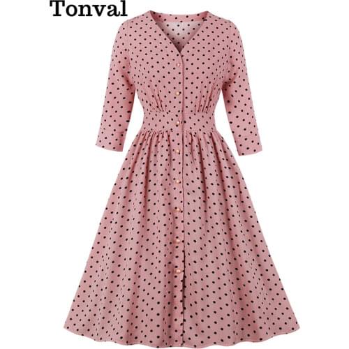 Tonval Pink High Waist Ruched Vintage Polka Dot Midi Dress Women Autumn 3/4 Length Sleeve Single Breasted Pleated Dresses