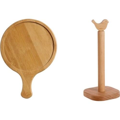 1X 14 Inch Bamboo Pizza Serving Tray Round Pizza Cutting Board With Handle & 1X Roll Paper Storage Rack Paper Towel Rack