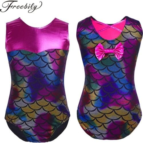 Children Kids Sleeveless Mermaid Scale Printed Splice Ballet Dance Leotard Girls Gymnastics Leotard Ballerina Party Gym Bodysuit
