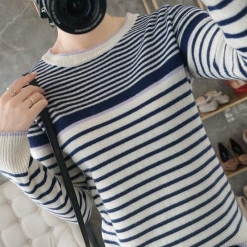 Hot Sale Stiped Sweaters 100% Pure Wool Knitted Pullovers Winter 2021 Oneck Jumpers Female Soft Warm Standard Clothes