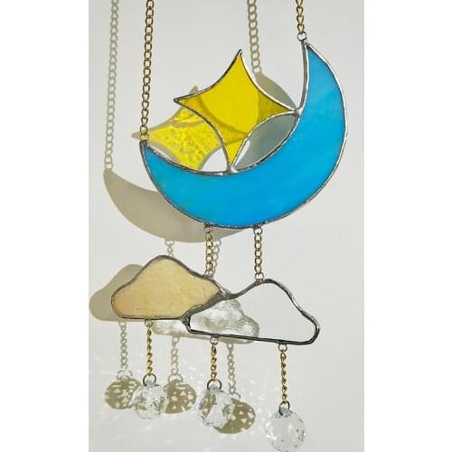 H&D Handcrafted Crystal Moon & Star Suncatcher Stained Glass Art Window Hangings Rainbow Maker Home Garden Decor Collection Gift