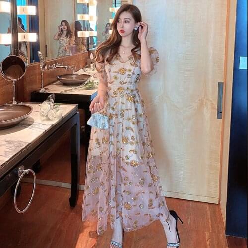 JSXDHK Luxury Designer Summer Party Long Dress 2021 Elegant Women Mesh Sequined Embroidery Puff Sleeve Lady V Neck Dresses Robe