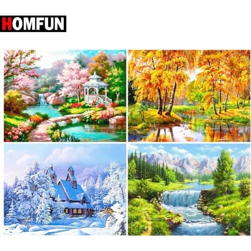HOMFUN Paint With Diamond Embroidery "Forest lake landscape" Diamond Painting Full Square Round Picture Of Rhinestone Decor