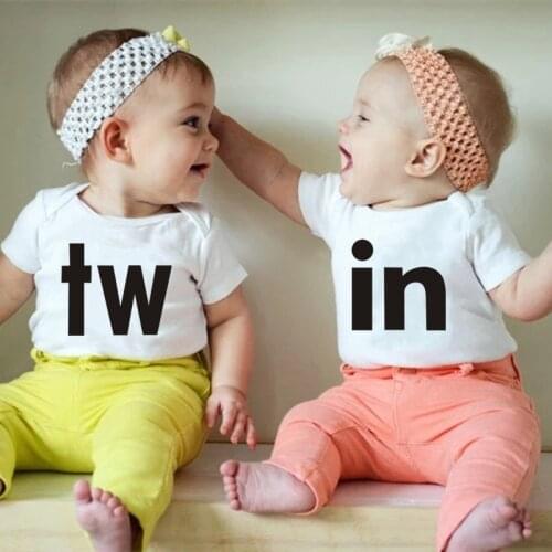TW & IN Letter Print Newborn Infant Baby Boys Girls White Bodysuit Twins Romper Jumpsuit Outfits Hipster Baby Clothes 0-24M
