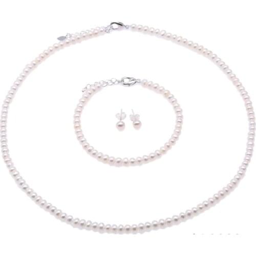 4x5mm white real pearl Women Jewelry set necklace bracelet stud earrings chain clasp AAA Cultured freshwater pearl