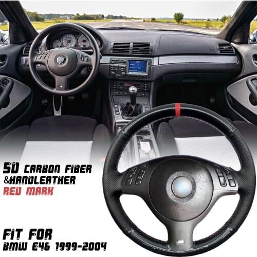 5D Carbon Fiber&Black Hole Micro Fiber Leather Red Marker Steering Wheel Hand Sewing Wrap Cover Fit For BMW E39 E46 1999-2005