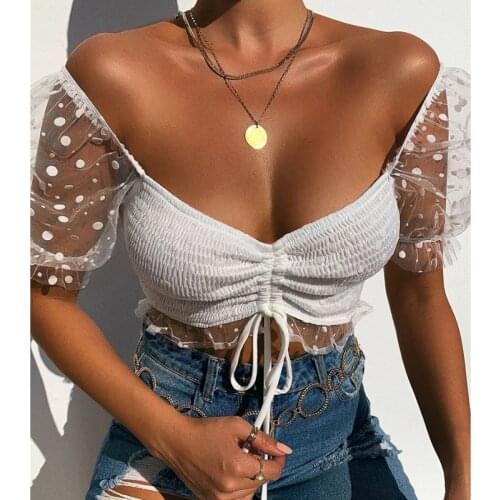 Musuos Summer Lady Square Collar Shirt Pullovers Sexy Mesh Short Sleeve Dot Spliced Ruched Elastic Crop Tops Women White Black