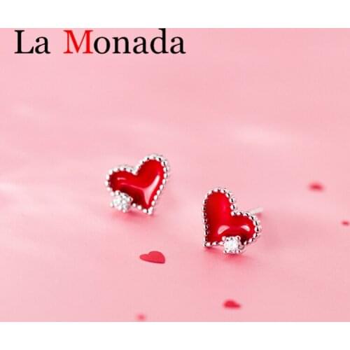 Lovely Red Enamel Heart Stud Earrings For Women Lady Girls 925 Sterling Silver Anti-allergy Ear Studs Cubic Zircon Jewelry