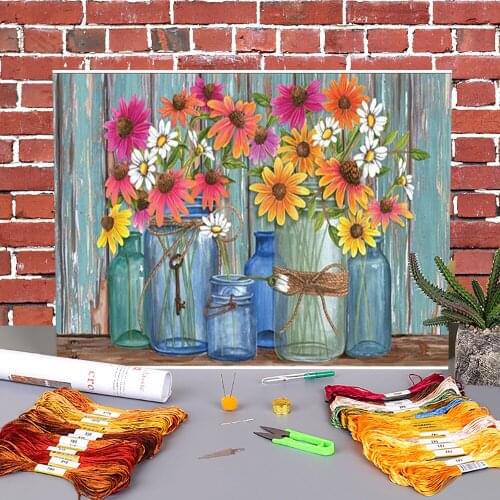 Flower Sunflower Pre-Printed 11CT Cross-Stitch Embroidery Set DMC Threads Knitting Hobby Needlework Craft Counted Sales