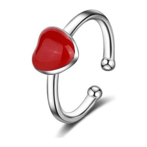 New Fashion Simple Red Love 925 Sterling Silver Jewelry Popular Heart Shaped Epoxy Personality Women Opening Rings SR645