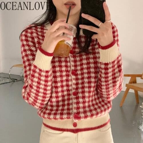 OCEANLOVE Plaid Cardigans Vintage Korean 2021 Autumn Winter Chaquetas Warm Elegant Single Breasted Ins Fashion Women Sweaters