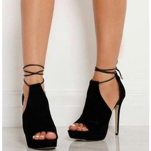 Drop Shipping Girls Black Brown Peep Toe Cross Lace Up Thin Heels Simple Platform Casual Sweet High Heels Sandals Big Size 47