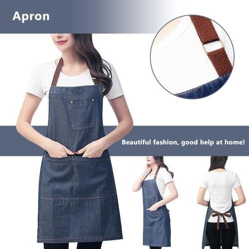 Halter Style Women Dress Sleeveless Denim Canvas Pocket Apron Adjustable Baking Chefs Kitchen Coffee Cooking BBQ APRON