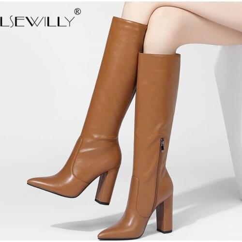 Lsewilly HOT sale women boots zip thick high heels ladies knee high boots fashion solid color winter office female boots 2021