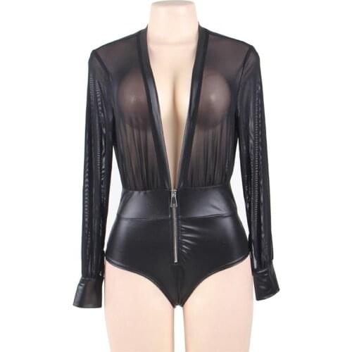 Sexy Fetish Lingerie Women Leather Stiching Teddy Black V-neck Zipper Long Sleeve Sheer Mesh Top Babydoll Bodysuit Plus Size