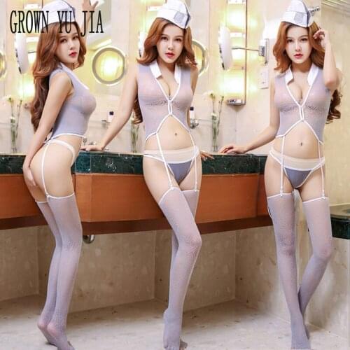 Sexy Women hollow out bodysuits garter set stockings suit Erotic cosplay temptation stewardess uniforms porno naughty lingerie