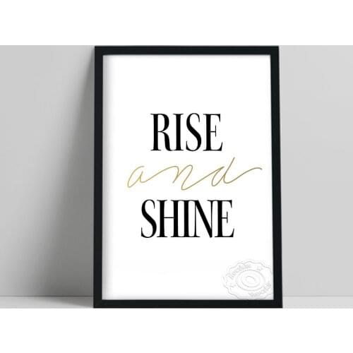 Modern Rise And Shine Poster, Black Golden Lettering White Background Letter Canvas Painting, Minimalism Text Home Wall Decor