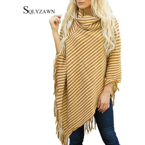Oversized Colorblock Striped Tassel Turtleneck Sweater Long Ponchos Autumn Winter Warm Loose Knitted Cape Fringe Cloaks Pullover