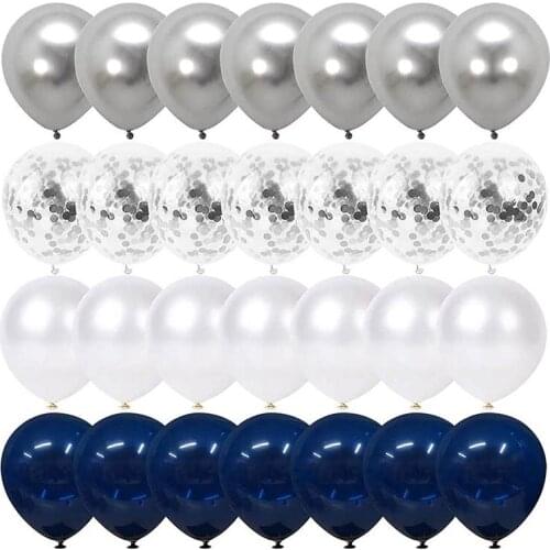 Navy Blue and Silver Confetti Balloons 100 Pcs, 12 Inch White Pearl and Silver Metallic Chrome Party Balloons-ABUX