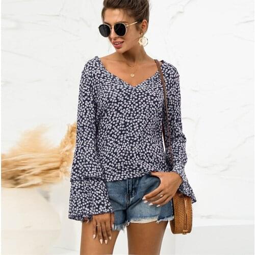 Autumn New Women Casual V Neck Shirt 2021 Fashion Flare Long Sleeve Blouse Spring Ladies Vintage Chic Boho Slim Floral Print Top