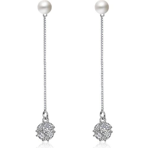 S925 Silver Earring Cute Pave Magic Love Cube Pearl Long Tassel Drop Earring For Women Wedding Gift Lady Girl Fashion Jewelry