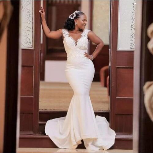 Mermaid Wedding Dresses 2021 V-Neck Lace Pleat Satin Simple Bridal Gown Sweep Train Sleeveless Backless