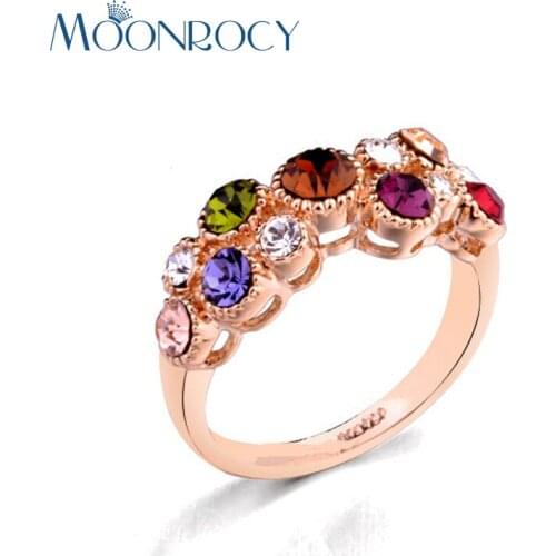 MOONROCY Cubic Zirconia Multicolor CZ Colourful Crystal Ring Rose Gold Color for Women Party Wedding Ring Gift Fashion Jewelry