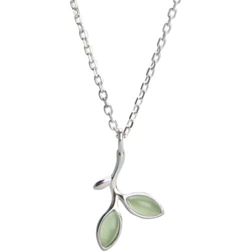 Korean New Silver Color Opal Green Leaf Necklaces For Women Fashion Statement Jewelry Kolye Collares