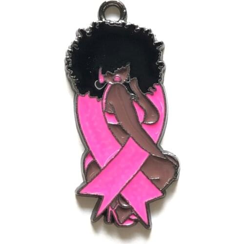 10pcs Afro Black Girl Charm Pink Ribbon Breast Cancer Awareness Pendants for Women Jewelry Bracelet Necklace Keychain Making