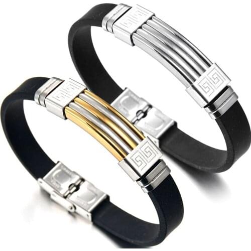 2Colors Hot Sale Stainless Steel Leather Silicone Bracelet For Men Simple Design Male Female Bangle New Year Jewelry Gift